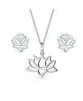 Bling Jewelry Blossom Open Lily Flower Zen Buddhist Lotus Pendant Necklace Threader or Stud Earrings For Women Yogi .925 Sterling Silver