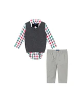 Andy & Evan Baby Boys White Plaid Buttondown w/Charcoal Sweater Vest Bowtie