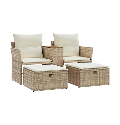 vidaXL Patio Sofa 2-Seater with Stools Beige Poly Rattan