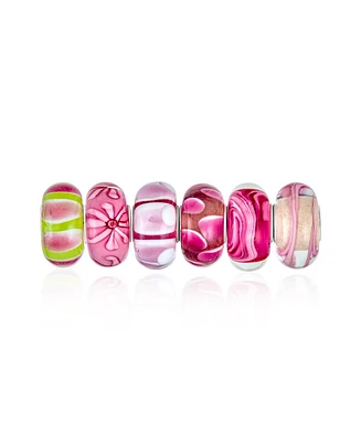 Bling Jewelry Mixed Set Of Bundle .925 Sterling Silver Core Translucent Shades Red White Stripe Green Pink Floral Murano Glass Swirl Charm Bead Spa