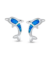 Bling Jewelry Created Blue Opal Inlay Nautical Ocean Marine Hawaiian Sea Life Dolphins Stud Earrings For Women .925 Sterling Silver