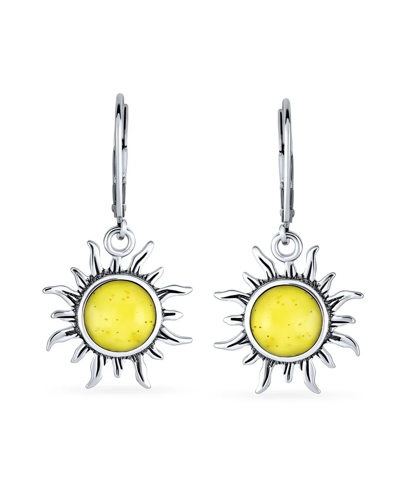 Bling Jewelry Tropical Honeymoon Vacation Beach Sun Rise Lemon Yellow Natural Amber Round Sunburst Dangle Drop Earrings For Women Lever back Oxidized