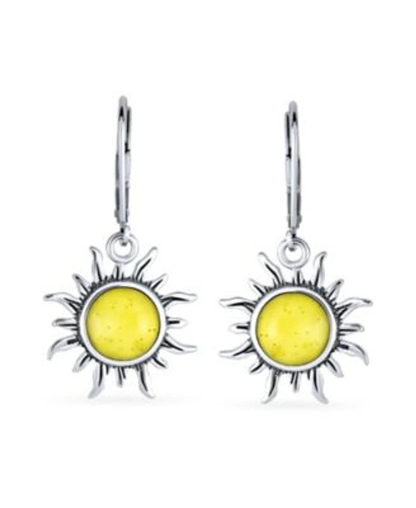 Bling Jewelry Tropical Honeymoon Vacation Beach Sun Rise Lemon Yellow Natural Amber Round Sunburst Dangle Drop Earrings For Women Lever Back Oxidized .925 Sterling Silver