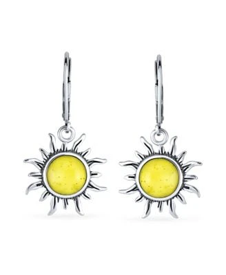 Bling Jewelry Tropical Honeymoon Vacation Beach Sun Rise Lemon Yellow Natural Amber Round Sunburst Dangle Drop Earrings For Women Lever Back Oxidized .925 Sterling Silver