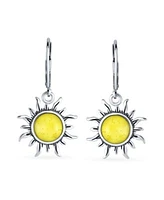 Bling Jewelry Tropical Honeymoon Vacation Beach Sun Rise Lemon Yellow Natural Amber Round Sunburst Dangle Drop Earrings For Women Lever Back Oxidized .925 Sterling Silver