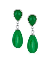 Bling Jewelry Classic Simple Dangle Delicate Double Teardrop Natural Black Onyx Green Jade Drop Earrings For Women 14K Yellow Gold Overlay .925 Sterli