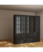 Famapy White 12-Shelf Bookcase Storage Cabinet with Tempered Glass Doors, 6-Drawers