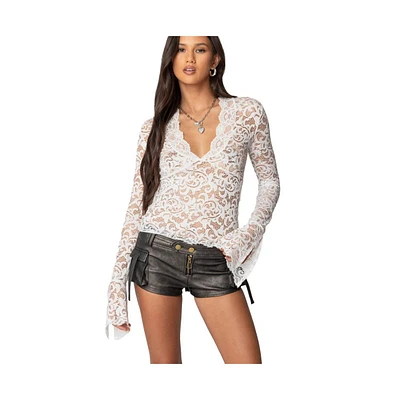 Edikted Womens Sheer Lace Bell Sleeve Top