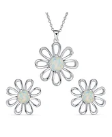 Bling Jewelry White Rainbow Created Opal Daisy Flower Pendant Necklace For Women .925 Sterling Silver