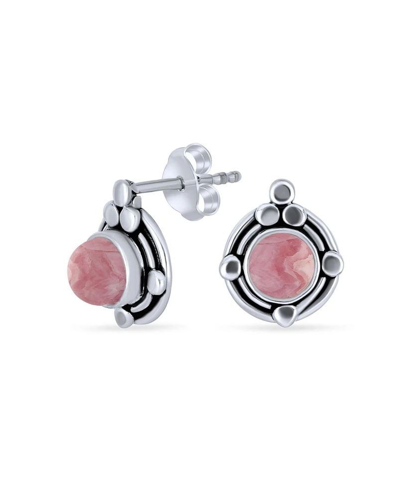 Bling Jewelry Bezel Set Natural Pink Rhodochrosite Ornate Round Stud Earrings For Women .925 Sterling Silver