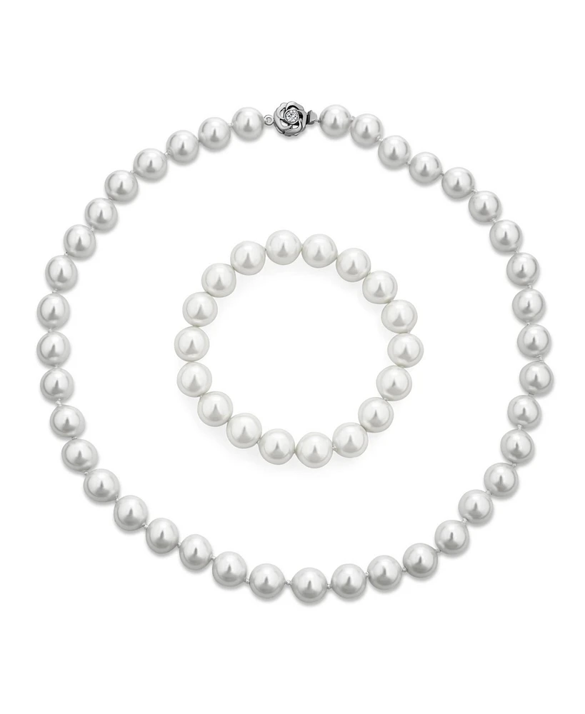 Bling Jewelry White Strand Necklace For Women Rhodium Plated Crystal Clasp Pearl 10MM 16 Inch