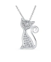 Bling Jewelry Charming Bff Sitting Curly Tail Kitty Cat Pendant Necklace: Cubic Zirconia Pave Cz Pet Kitten Jewelry for Women in .925 Sterling Silver