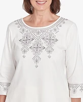 Alfred Dunner Women's Copenhagen Medallion Collar Embroidery Solid Top