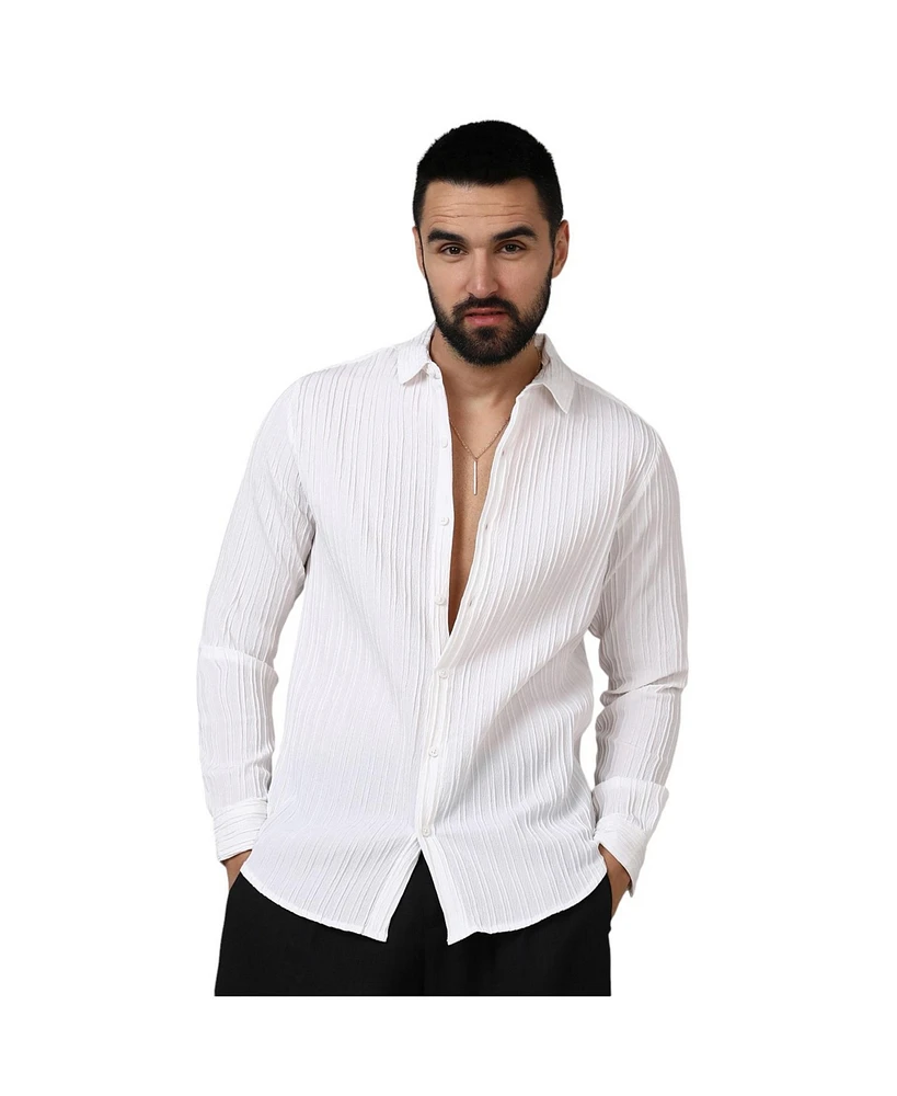 Campus Sutra Men's Chalk White Self-Design Striped Shirt