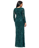 Betsy & Adam Plus Sequined Long-Sleeve Sheath Gown