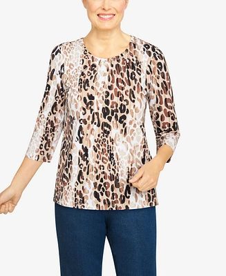 Alfred Dunner Women's Animal Print Embellished Neck Top