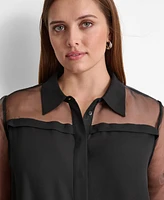 Dkny Plus Collared Mixed-Media Illusion Blouse