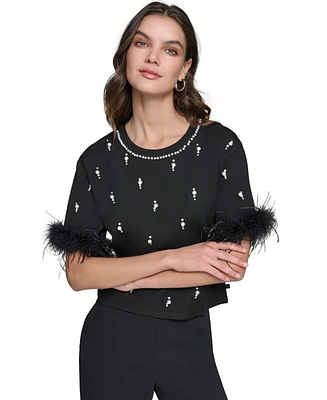 Karl Lagerfeld Paris Women's Faux-Pearl Feather-Trim Top