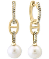 Effy Cultured Freshwater Pearl (7mm) & Diamond (1/8 ct. t.w.) Mariner Link Drop Earrings in 14k Gold