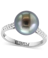 Effy Cultured Tahitian Pearl (10mm) & Diamond (1/10 ct. t.w.) Ring in 14k White Gold