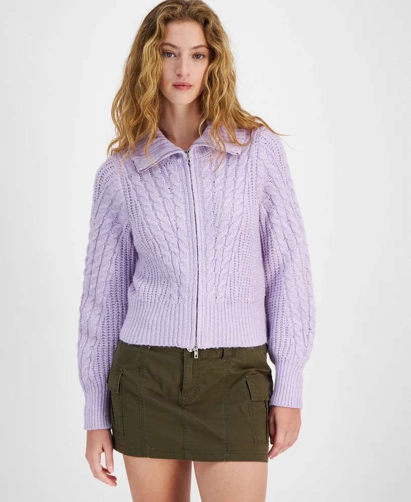 Hippie Rose Juniors' Cable-Knit Zip-Front Sweater