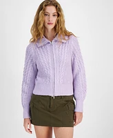 Hippie Rose Juniors' Cable-Knit Zip-Front Sweater