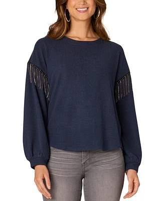 Democracy Petite Long-Sleeve Fringe Top