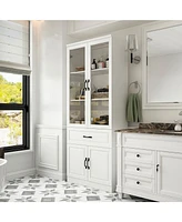 Famapy 4-Shelf White Wood Standard Bookcase With Doors, Cabinet, Drawer