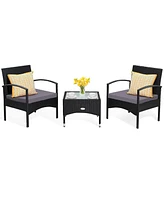 Sugift 3 Pieces Patio Wicker Rattan Furniture Set with Cushion for Lawn Backyard