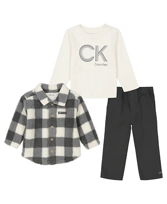 Calvin Klein Baby Boy Long Sleeve Logo Bodysuit, Twill Pants Check Berber Shirt Jacket, 3-Piece Set