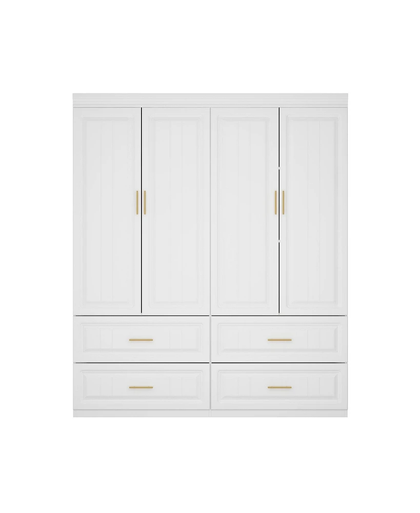 Famapy White Wooden 4-Door Super Large Bedroom Armoire Wardrobe with Hanging Bars