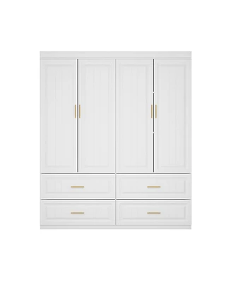 Famapy White Wooden 4-Door Super Large Bedroom Armoire Wardrobe with Hanging Bars