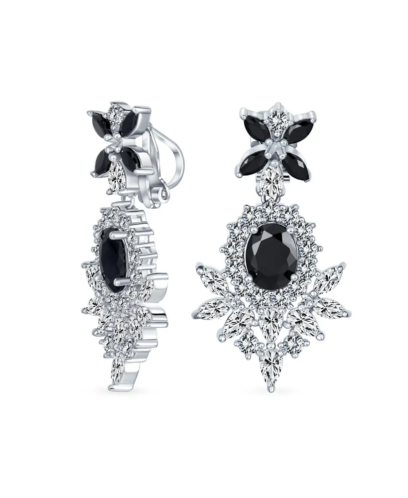 Bling Jewelry Black Cubic Zirconia Statement Dangle Formal Art Deco Style Chandelier Clip On Earrings Prom Silver Plated