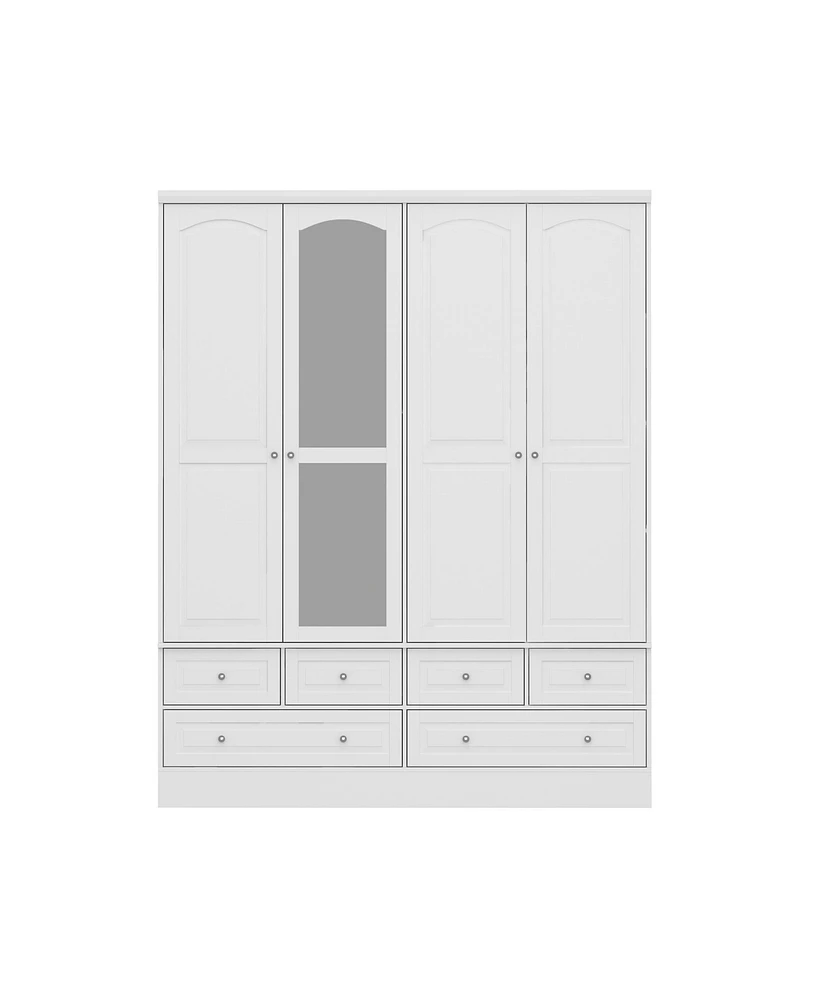 Famapy White Wood Wardrobe Armoires Mirror, Drawers, Adjustable Shelves