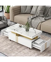 Slickblue Contemporary Coffee Table with Faux Marble Top – Rectangle Cocktail Table on Caster Wheels with Gold Metal Bars for Living Room
