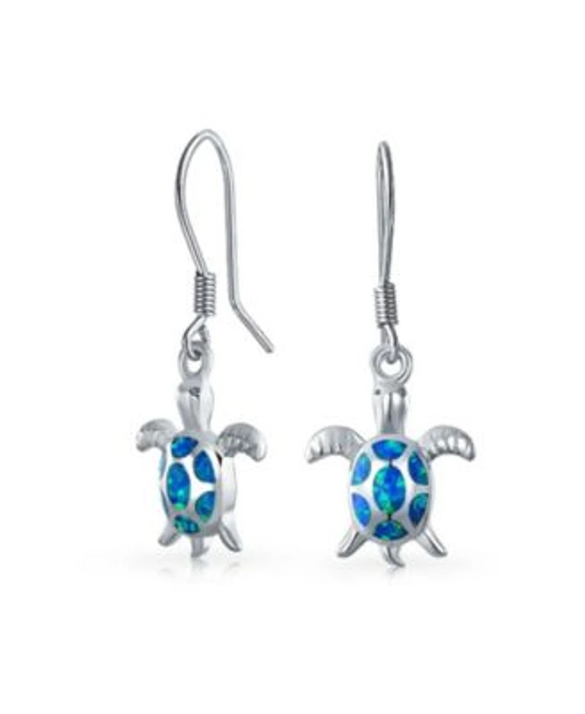 Bling Jewelry Nautical Aquatic Tropical Beach Vacation Iridescent Blue Created Opal Inlay Sea Tortoise Turtle Dangle Drop Earrings .925 Sterling Silver Fish Hook