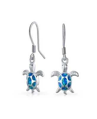 Bling Jewelry Nautical Aquatic Tropical Beach Vacation Iridescent Blue Created Opal Inlay Sea Tortoise Turtle Dangle Drop Earrings .925 Sterling Silver Fish Hook