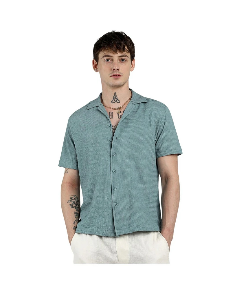 Campus Sutra Men's Teal Green Micro Zig-Zag Shirt