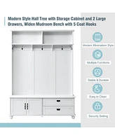 Slickblue Modern Hall Tree with Storage Cabinet & 2 Large Drawers: Wide Mudroom Bench with 5 Coat Hooks - White