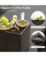 5 Pcs Patio Rattan Furniture with 2 Wicker Ottomans & Tempered Glass Coffee Table