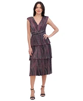 Vince Camuto Women's Crinkled Metallic-Knit Extended-Shoulder Tiered V-Neck Midi Dress