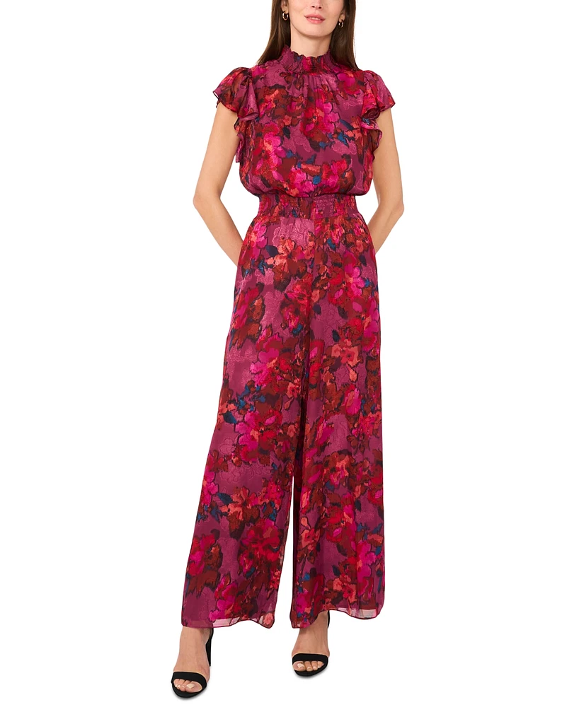 Msk Women's Floral Smocked-Trim Flutter-Sleeve Jumpsuit