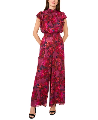 Msk Women's Floral Smocked-Trim Flutter-Sleeve Jumpsuit