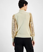 T Tahari Women's Mock-Neck Sheer Sequined-Sleeve Top