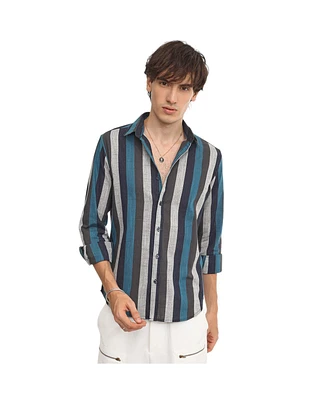 Men's Navy Blue & Ash Grey Block-Striped Shirt