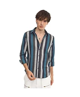 Campus Sutra Men's Navy Blue & Ash Grey Block-Striped Shirt