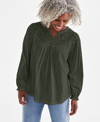 Style & Co Petite Mesh-Trim Ruffled-Cuff Top, Created for Macy's
