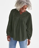 Style & Co Petite Mesh-Trim Ruffled-Cuff Top, Created for Macy's