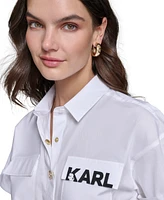 Karl Lagerfeld Paris Women's Poplin Logo Button-Front Top, Regular & Petite