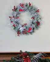 Northlight Berries and Cardinals in Nests Flocked Artificial Christmas Wreath 24 - Inch Unlit